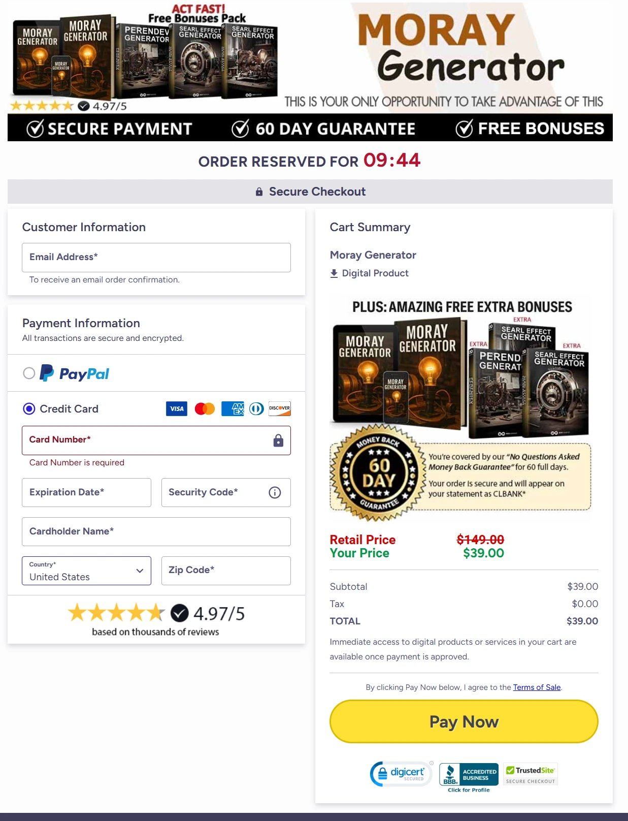 Moray Generator System Checkout Page